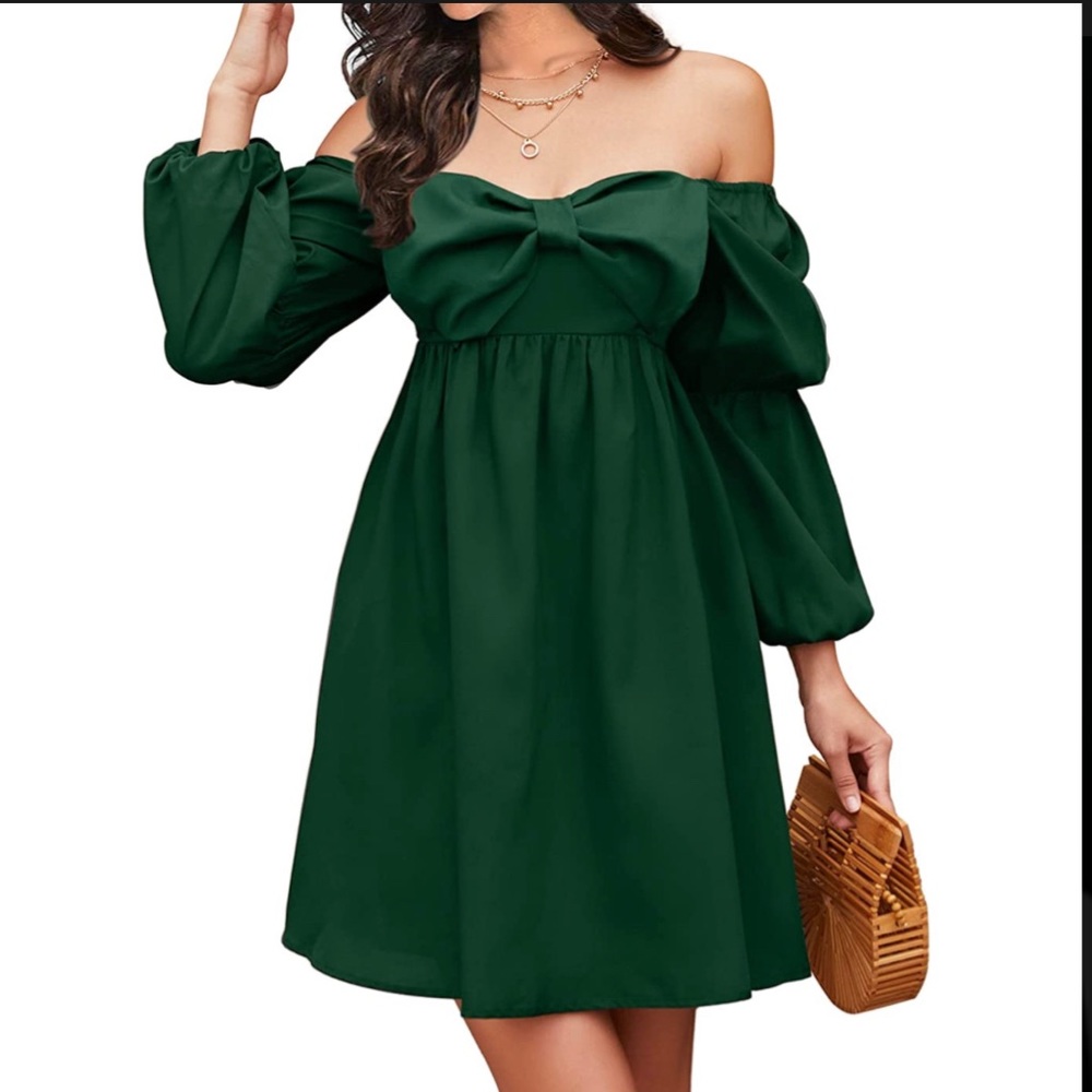 Exlura dark green dress with a bow in the front.